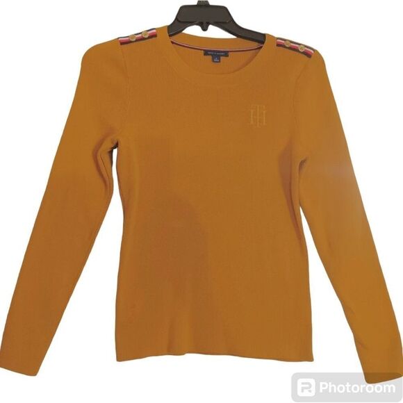 Tommy Hilfiger Mustard Yellow Embroidered Long Sleeve Knit Pullover Swea… - Picture 2 of 6
